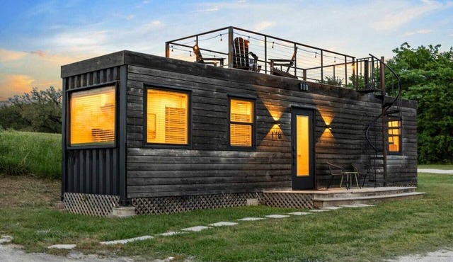 Container home with rooftop views and pickleball